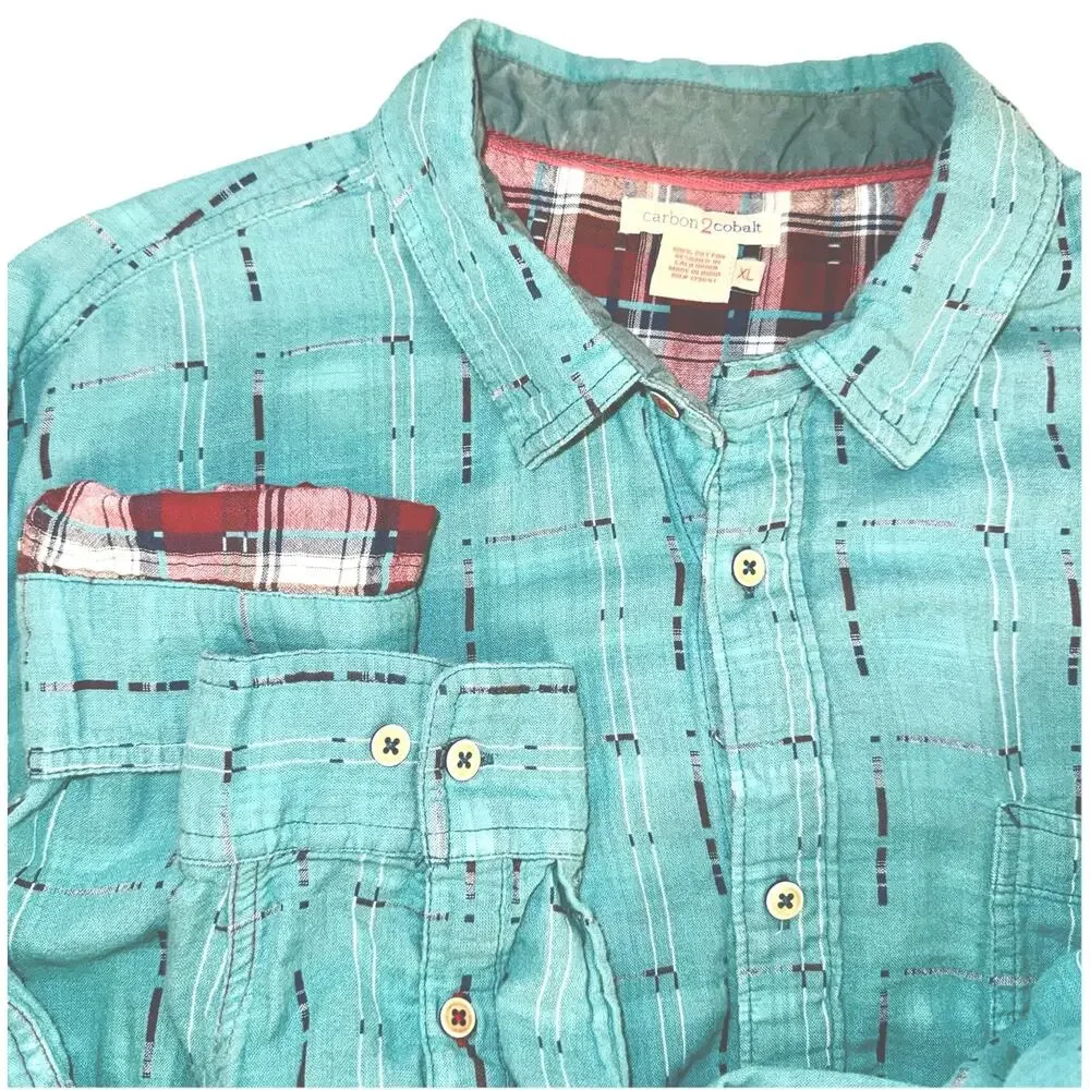 Carbon2Cobalt Men XL Cotton Button Shirt Long Sleeve‎ Blue Check Red Plaid Lined